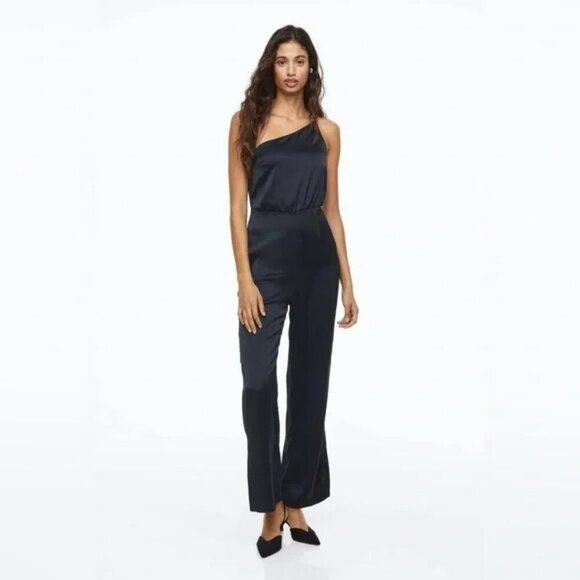 H&M Pants - H&M Black Satin One-Shoulder Rhinestone Jumpsuit Small NWT